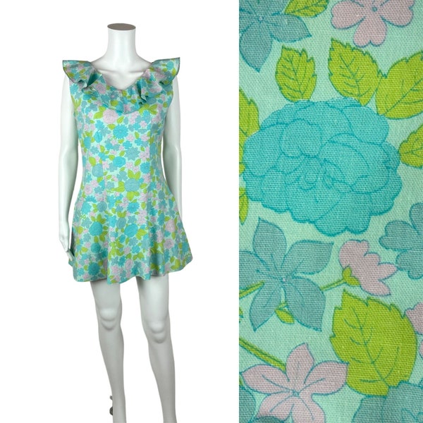 Vintage 60s Mini Dress Women's Medium Aqua Floral Ruffle Babydoll Cotton Shift Teena Paige