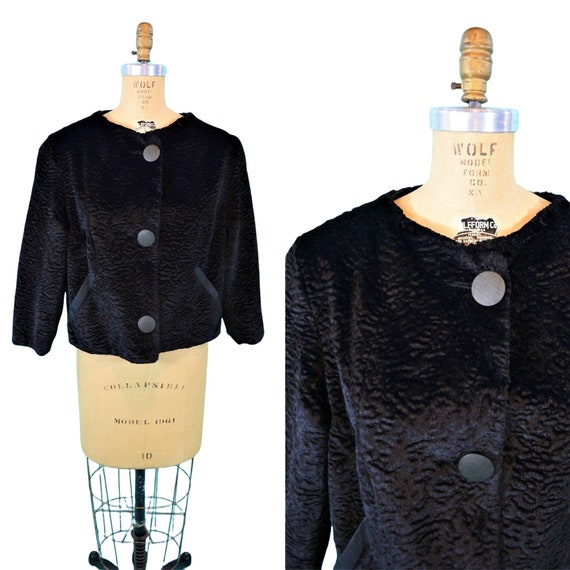 Vintage 1950s Black  Evening Jacket Faux Fur Old … - image 1