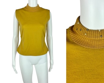 Vintage 50s Mockneck Top Women's Medium Mustard Yellow Rhinestones Sleeveless Shirt