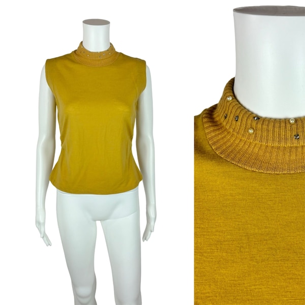 Vintage 50s Mockneck Top Women's Medium Mustard Yellow Rhinestones Sleeveless Shirt