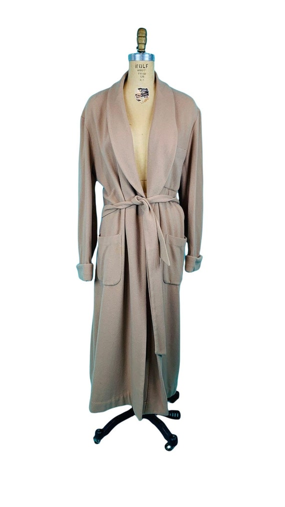 Vintage 1940s Khaki Open Robe Coat Belted Wool Ov… - image 2