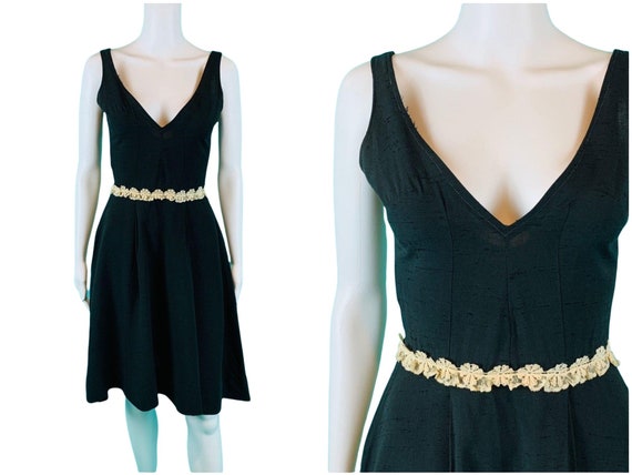 Vintage 1950s Black Cocktail Dress Vneck Cream Fl… - image 1