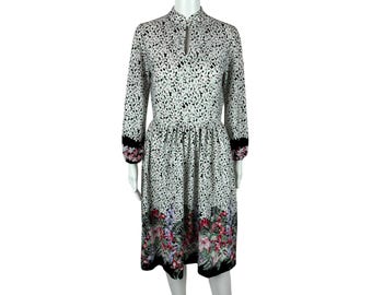 Vintage 70s Floral Dress Women's Small Border Print Pink Keyhole Neckline Sheath Secretary