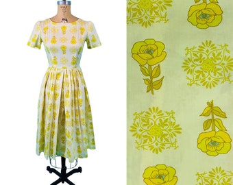 Vintage 1960s Yellow Dress Floral Print Cotton Day Sheath | W 26"