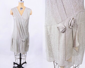 1960s dress vintage 60s does 20s silver lame flapper dropwaist party dress S