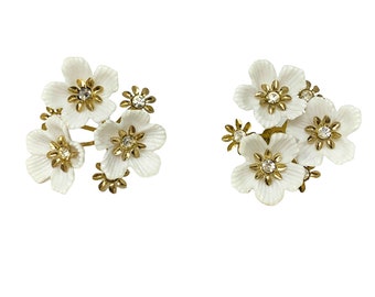 Vintage 1960s White Gold Floral Earrings Rhinestone Screw Backs