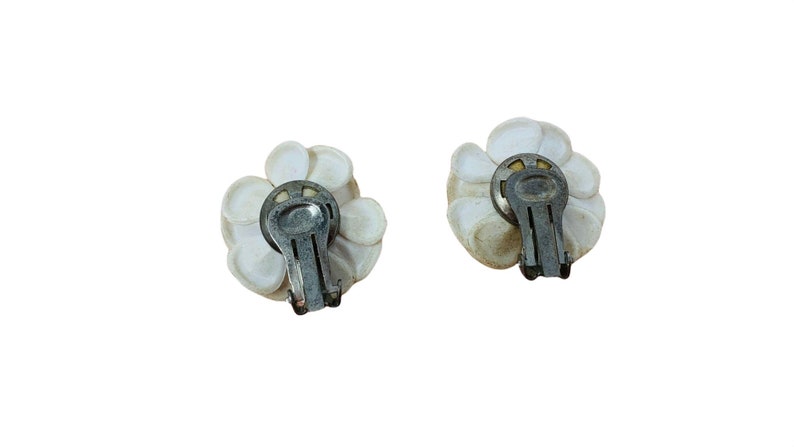 Vintage 1950s Clip Ons White Flowers Blue Rhinestones Earrings image 5