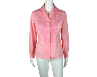 Vintage 60s Pink Blouse Women's Small Embroidered Floral Long Sleeve Fitted Shirt Daffodil