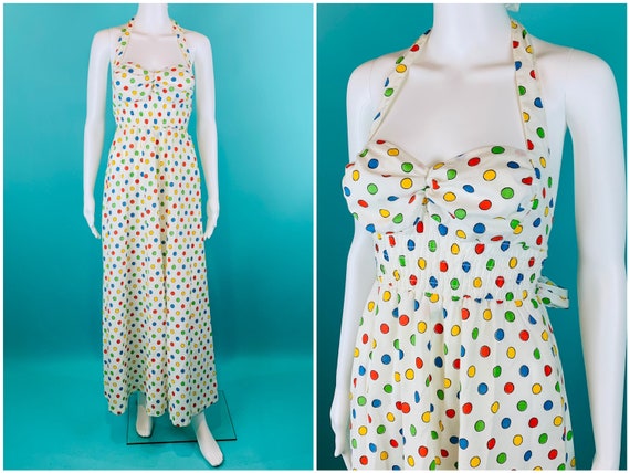 Vintage 1970s Halter Dress | Rainbow Polka Dot Hal