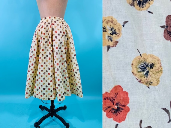 Vintage 1950s Pansy Skirt | Yellow Floral Print Sk