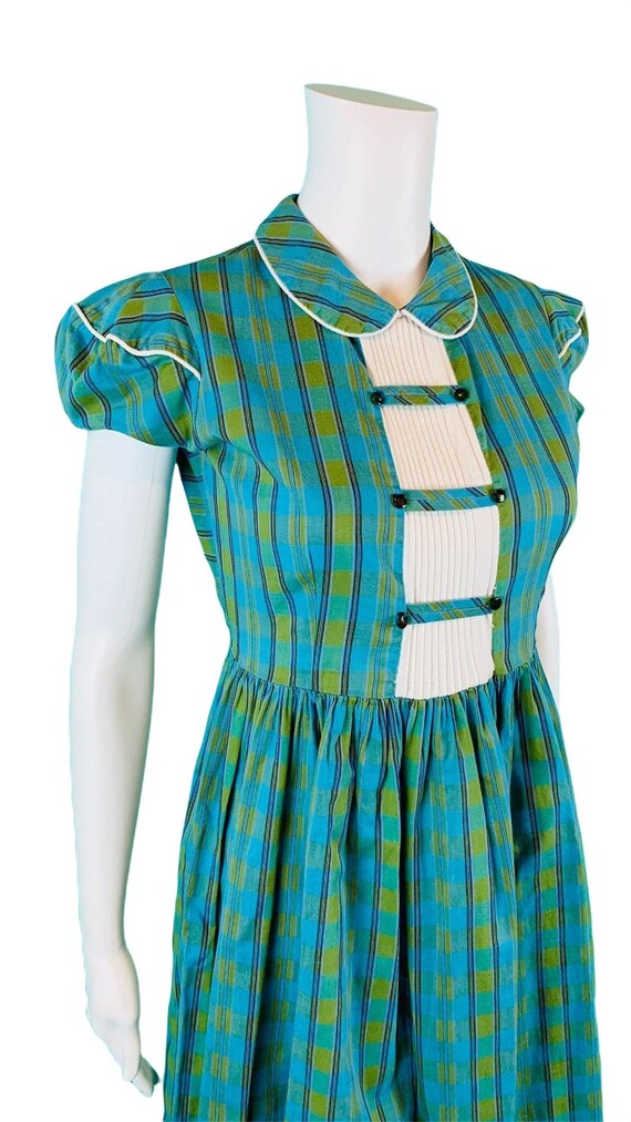 Vintage 1940s Blue Green Plaid Dress Puff Sleeve … - image 5