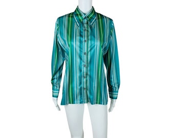 Vintage 70s Striped Satin Top Aqua Green Button Down Women's Top B 42"