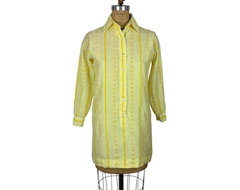 Vintage 70s Floral Tunic Womens Small Yellow Groovy Button Down Shirt