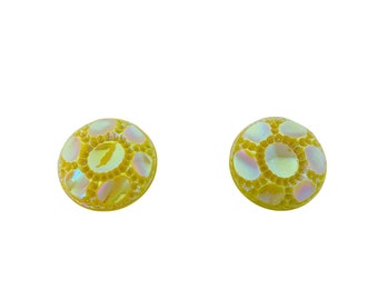 Vintage 1960s Yellow Holographic Circle Clip On Earrings