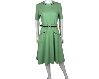 Vintage 70s Mod Dress Womens Medium Green Striped Fit And Flare Deadstock