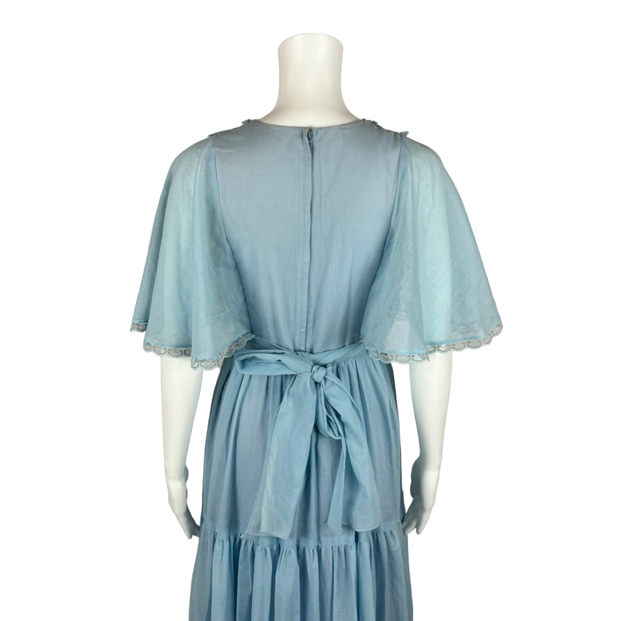Vintage 70s Prairie Dress Women's Small Blue Lace Maxi Flutter