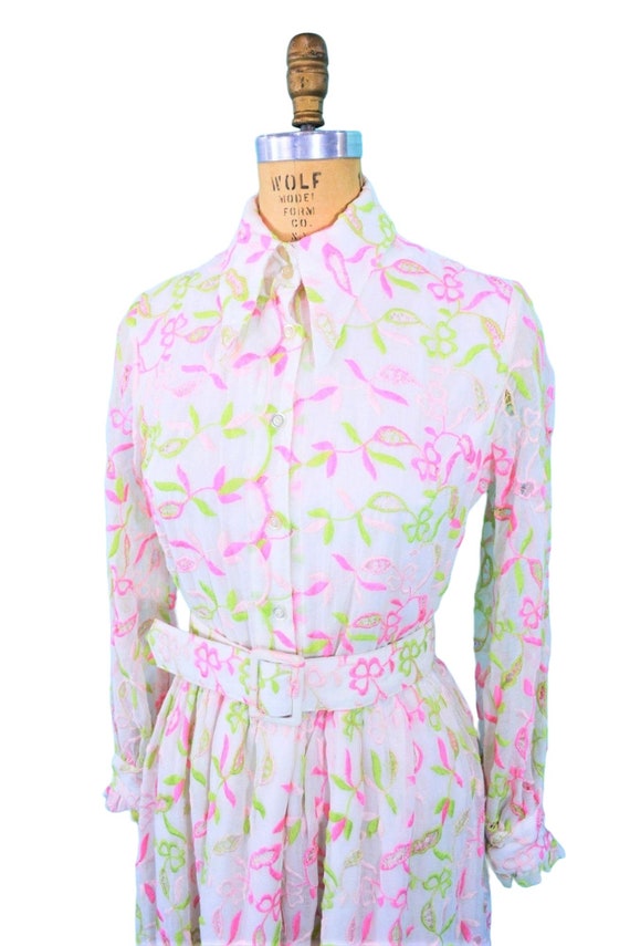 Vintage 1970s Embroidered Maxi Dress Pink Lime Gr… - image 4