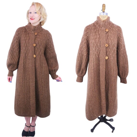 Vintage 1970s Mohair Coat Brown Wool Sweater Overcoat Avant Garde