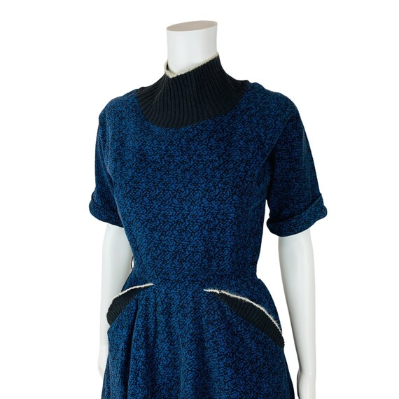 Vintage 1950s Blue Corduroy Dress Speckled Batwin… - image 3