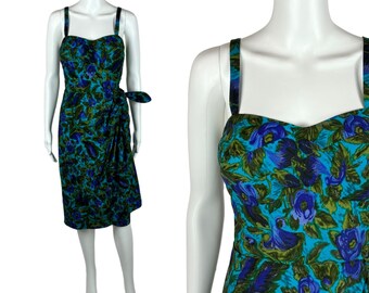 Vintage 1950s Sarong Dress Women's XS Blue Green Floral Wiggle Hawaiian Tori Richard