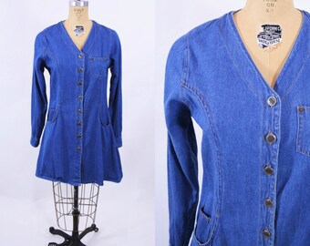 1990s dress vintage 90s blue denim long sleeve babydoll dress M