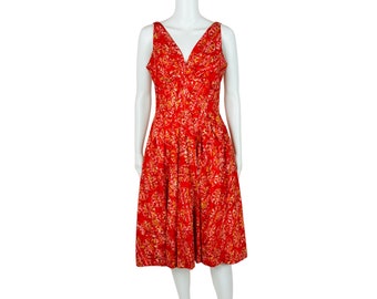 Vintage 1950s Sundress Red Tie Dye Full Deep V-Neck Dress Summer Vacation W 29"