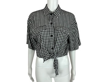 Vintage 90s Checkered Top Women's Medium Cropped Black White Tie Waist Blouse