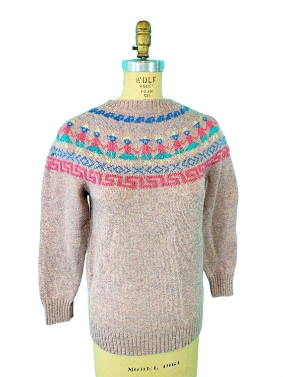 Vintage 1980s Pink Sweater Fair Isle People Metal… - image 7