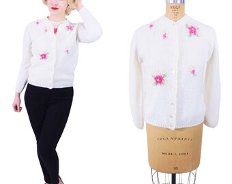 Vintage 1960s Pink Sweater Set White Floral Acrylic Cardigan | W 29"