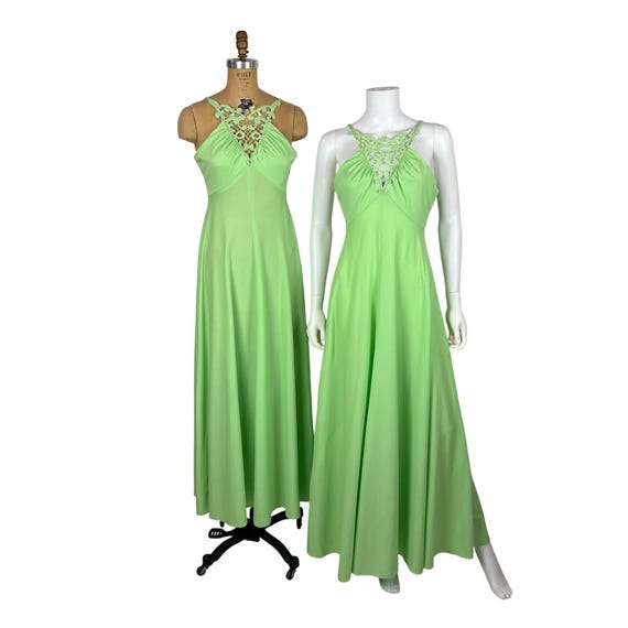 Vintage 70s Maxi Dress Womens XS Set of 2 Lime Green Crochet Neckline Strappy Dresses