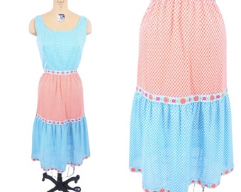 Vintage 1960s Gingham Sundress Picnic Blue Orange Tiered Plu | W 25"