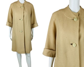 vintage 1950s Tan Overcoat Knit 3 Quarter Sleeve Coat Cool Buttons