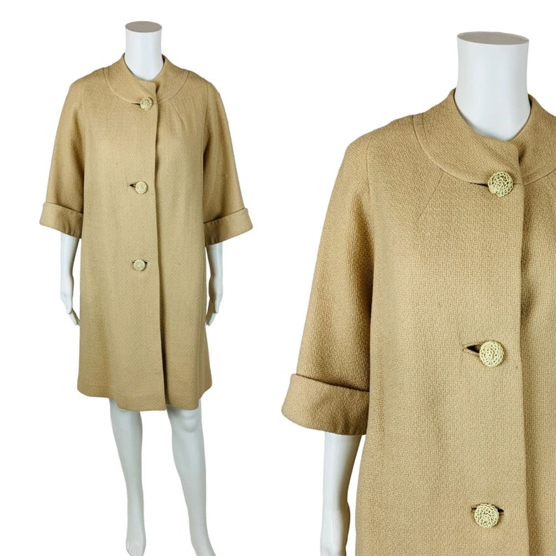 Vintage 1950s Tan Overcoat Knit 3 Quarter Sleeve Coat Cool Buttons image 1