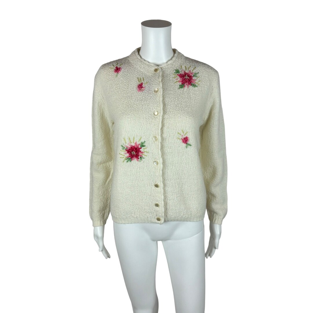 トップス 60s vintage cardigan Vintage 1960s/70s White Floral Embroidered Knit Cardigan