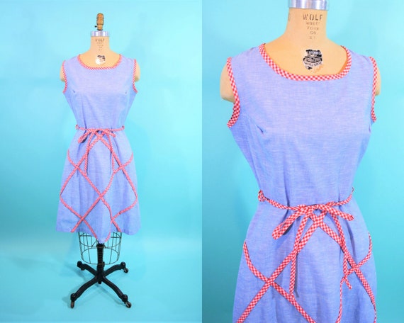 Vintage 1960s Picnic Dress | Blue Chambray Red Che