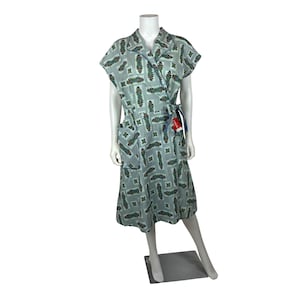 Vintage 50s Wrap Dress Womens XL Deadstock Blue Cotton Floral Volup Sandra Lee Frocks