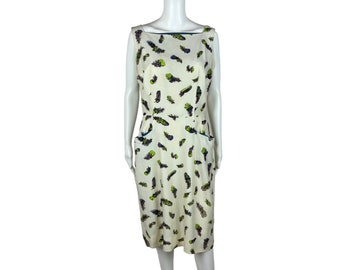Vintage 50s Feather Dress Women's Medium Novelty Print Sheath Feminine Wiggle