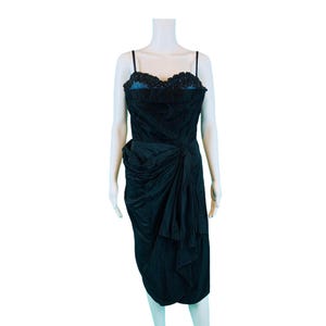 Vintage 50s Sarong Dress Womens Small Cocktail Black Blue Old Hollywood Wiggle