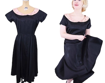 Vintage 1940s Black Party Dress Pink Beaded Collar Evening Gown | W 29&quot;