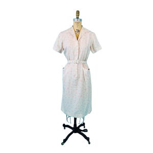Vintage 40s Silk Dress Womens XS Champagne Pink Circle Print Shirtdress