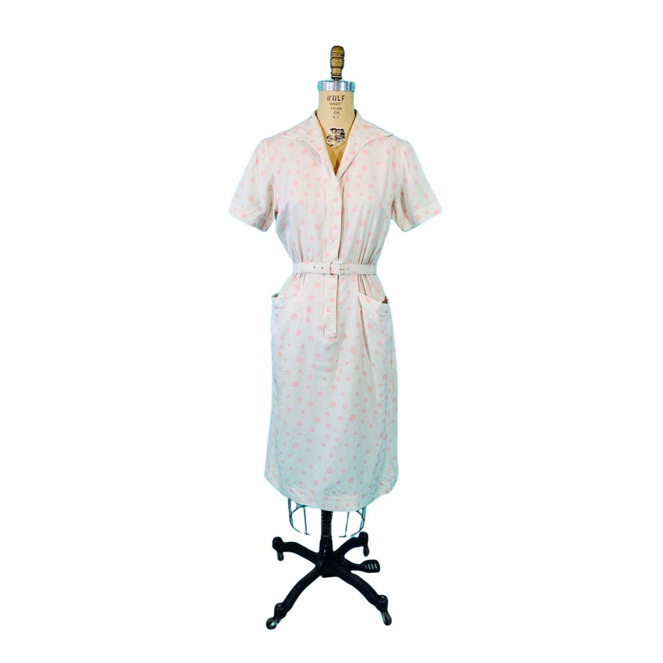 Vintage 40s Silk Dress Womens XS Champagne Pink Circle Print Shirtdress