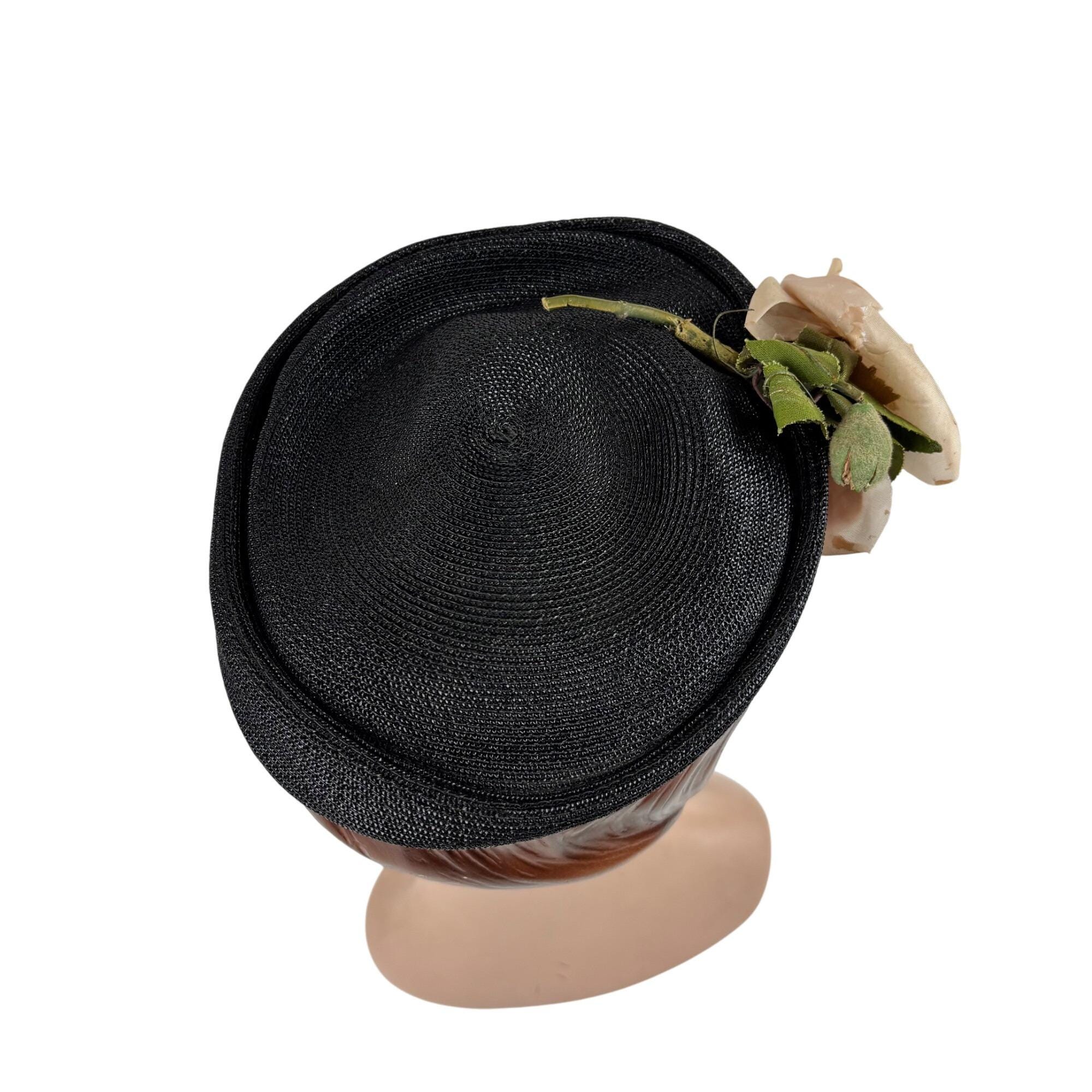 Vintage 50s Rose Hat Pink Black Woven Straw Round Pillbox  display picture 2
