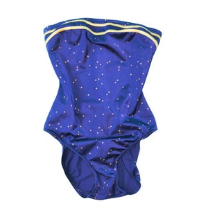 Vintage 90s Star Swimsuit Navy Gold Print Strapless High Cut One Piece Celestial image 1