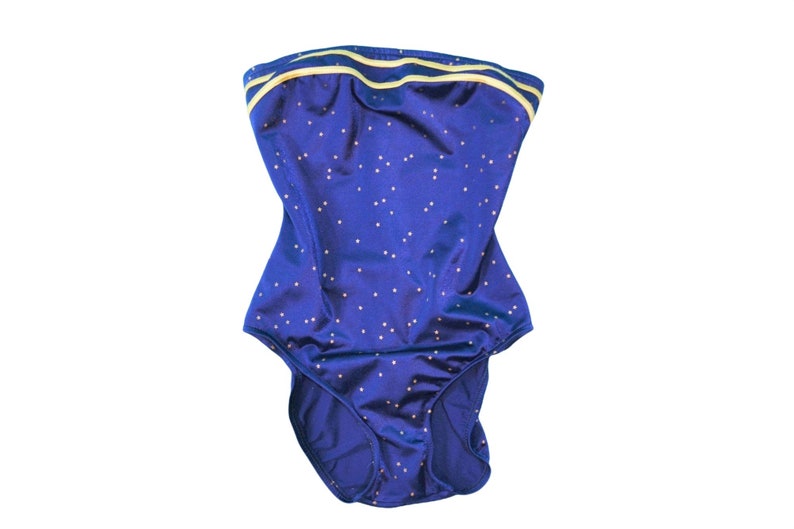 Vintage 90s Star Swimsuit Navy Gold Print Strapless High Cut One Piece Celestial image 1