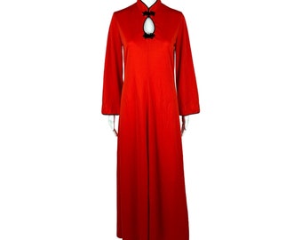 Vintage 70s Maxi Dress Women's Medium Red Cheongsam Bell Sleeves Frog Closures Keyhole Neckline