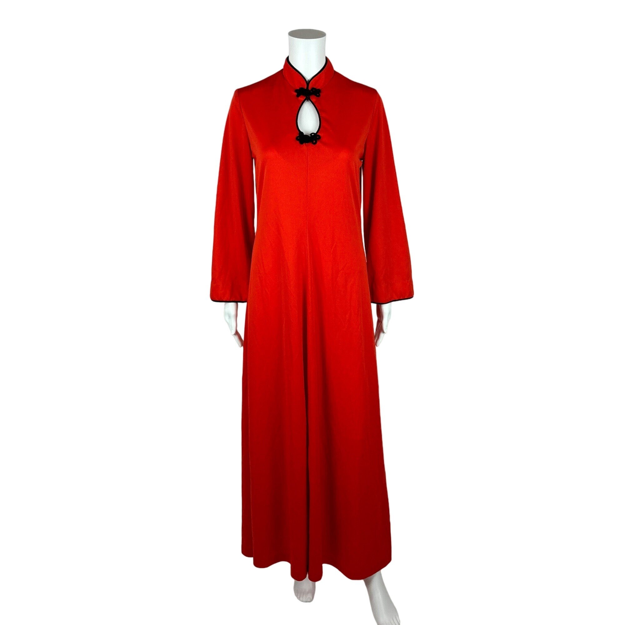 Vintage 70s Maxi Dress Women's Medium Red Cheongsam Bell Sleeves Frog Closures Keyhole Neckline