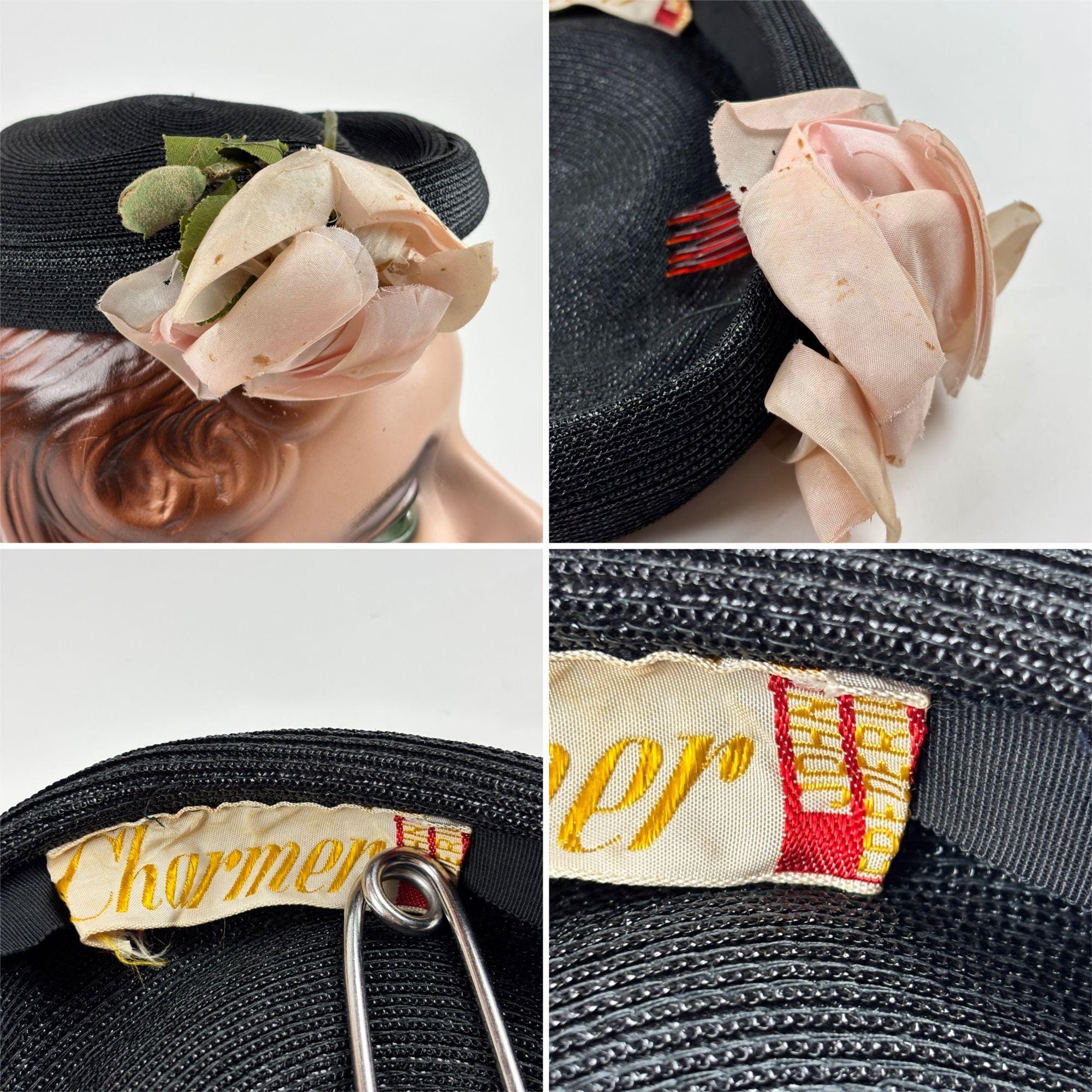 Vintage 50s Rose Hat Pink Black Woven Straw Round Pillbox  display picture 1