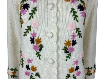 Vintage 60s Floral Cardigan Embroidered Cream Multi Color Acrylic