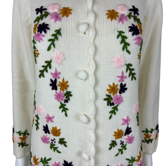 Vintage 60s Floral Cardigan Embroidered Cream Mul… - image 4