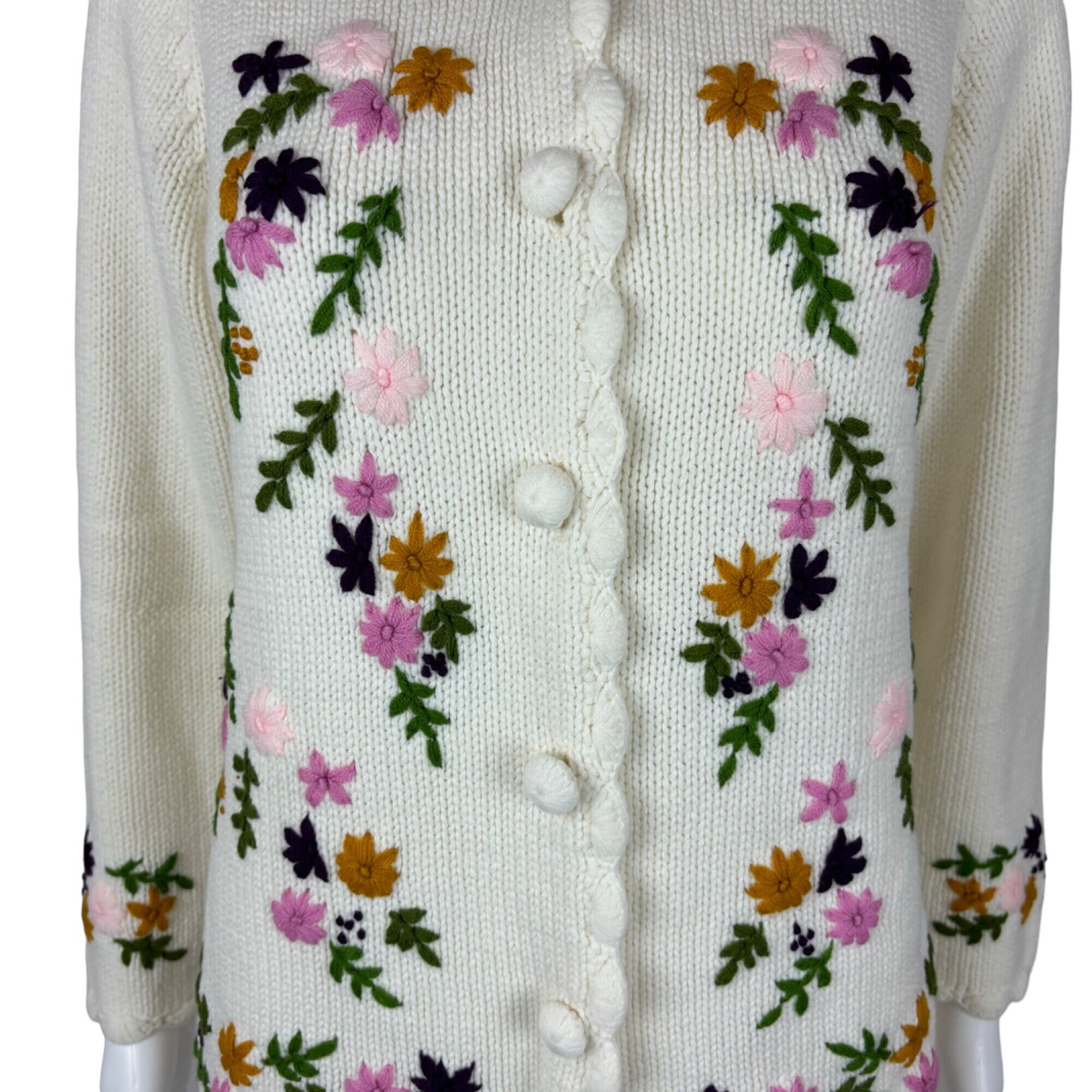 Vintage 60s Floral Cardigan Embroidered Cream Multi Color Acrylic
